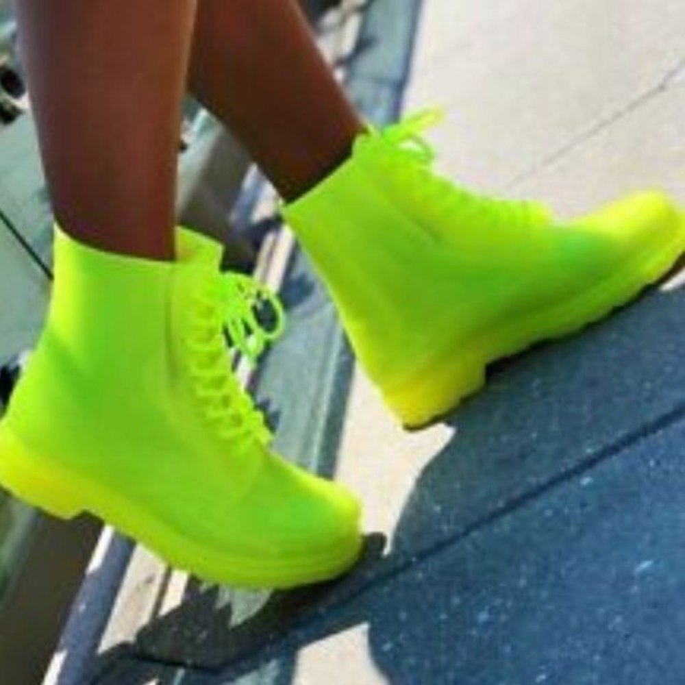 Neon Yellow Lace Up Combat Style Rain Boots - Picture 3 of 7
